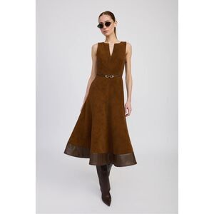EN SAISON Eloise Faux Suede A-Line Sleeveless Brown Midi Dress Size S NWT